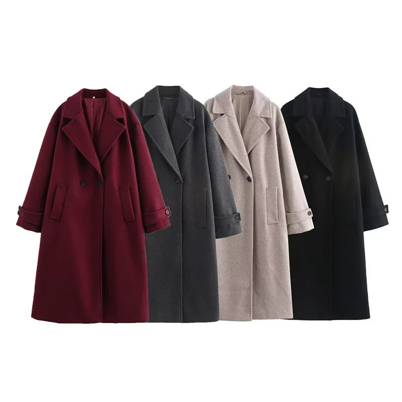 

Loose Woolen Coat Long Sve Turn-down Collar Autumn New Sle Women's Premium Quali Windbreaker Pure Color PU Material