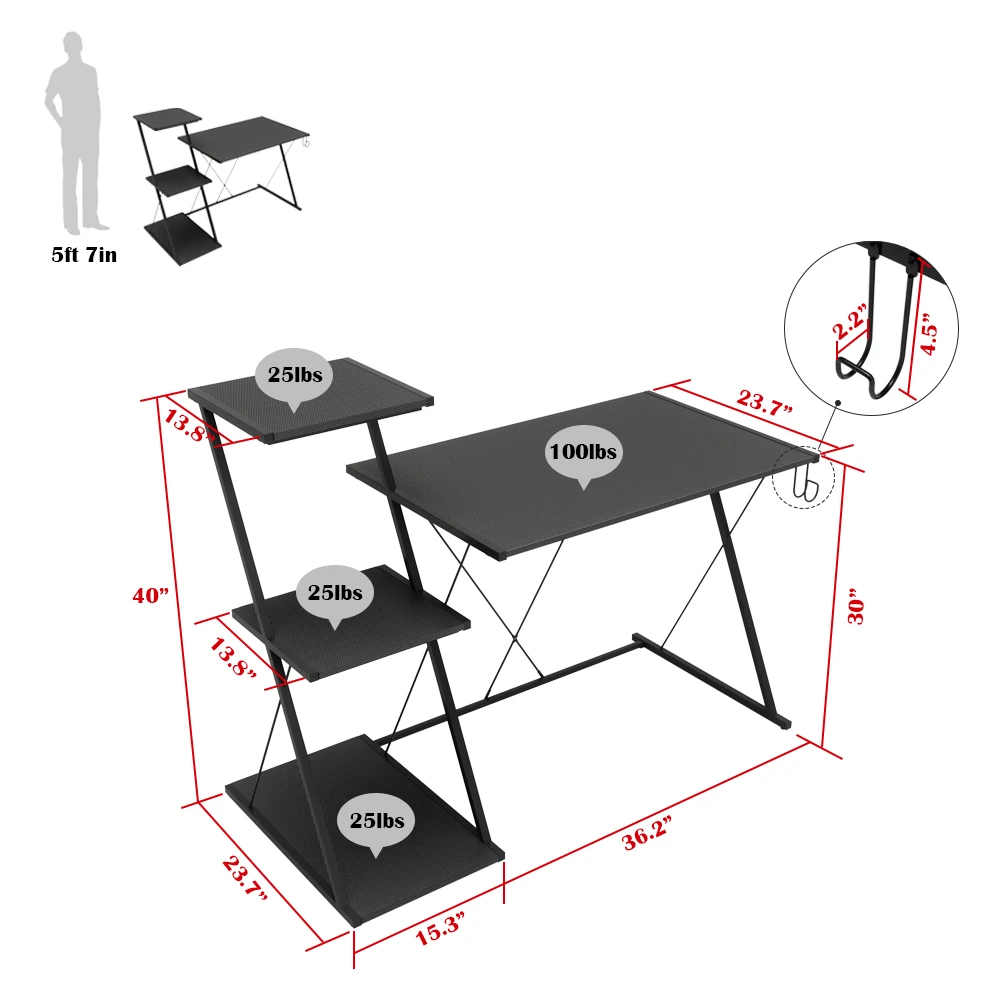 RGB Gaming Computer Desk 51.5 Inches, With Three Storage Shelves And Headphone Hooks, Suitable For Student Desks In Home Offices