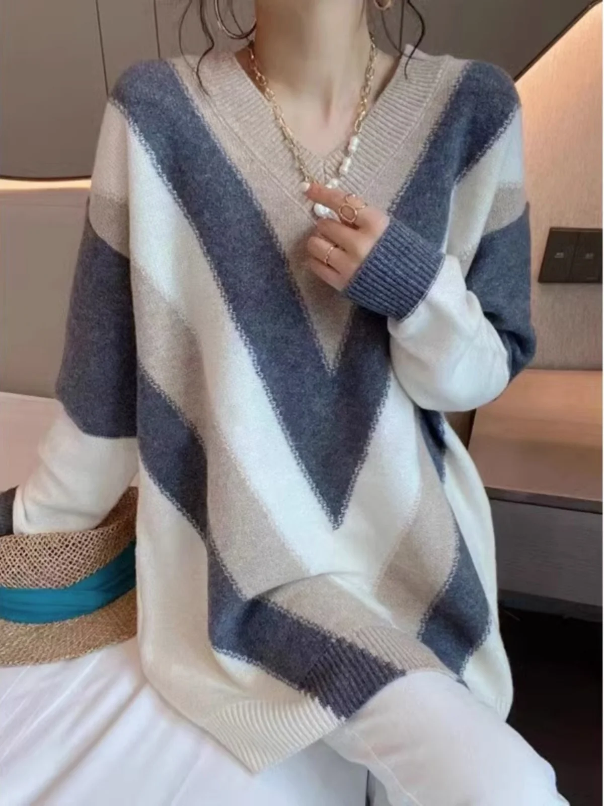 

Женский вязаный свитер средней длины V-Ne Long Sve, свободный крой, осень-зима, теплый повседневный универсальный цветной свитер Blo Base irt Dr