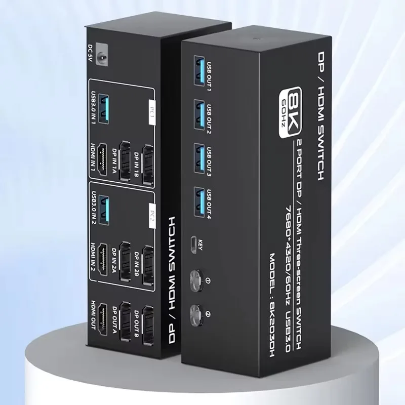 FJ-8K203DH  New Arrivals 2 Port Selector USB3.0 Display Port 7680*4320/60Hz 8K DP/HDMI KVM Three Screen Switcher
