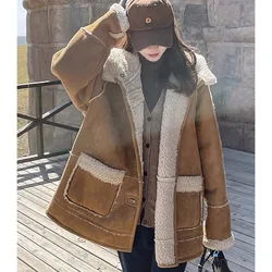 Winter Female Suede Velvet Lamb Wool Tops Ladies Medium Long Styles Hooded Jacket Women Long Sleeves Lntegrated Fur Leather Coat