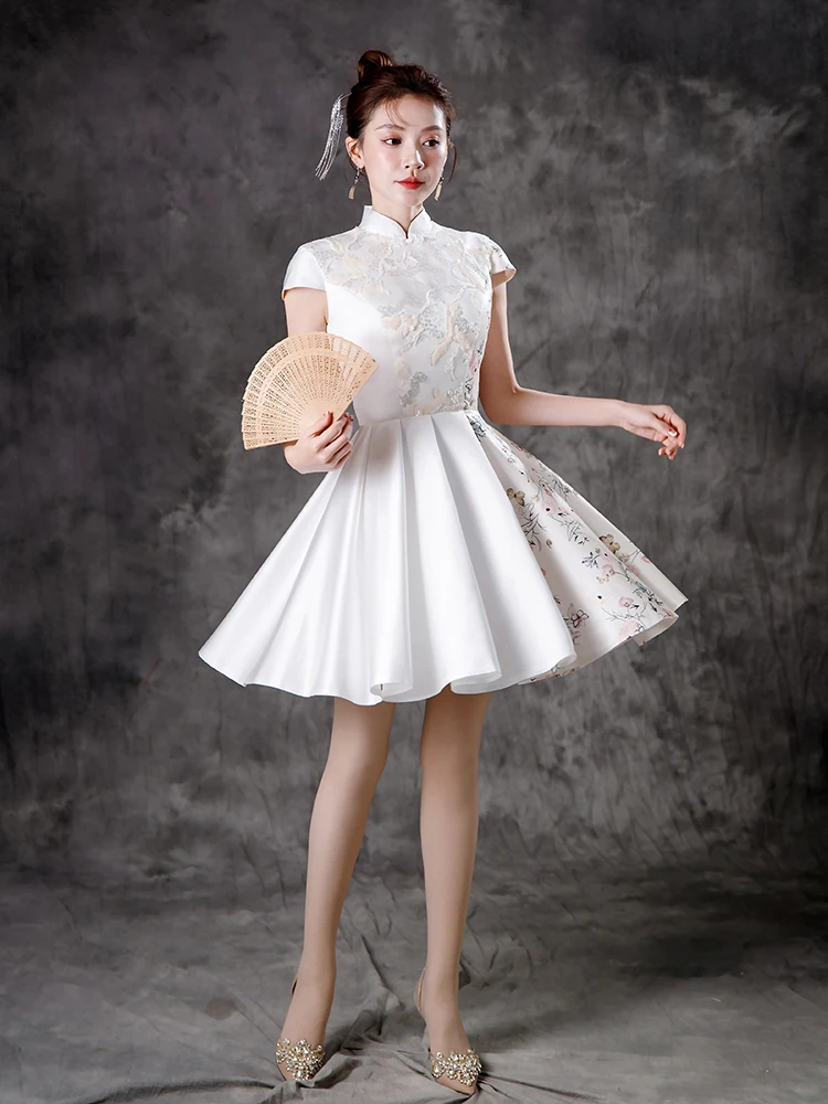 

Ele ort Evening Gown Women's Little Dr Stand Collar Slimming Performance Outfit High Waist A-Line Skirt Summer