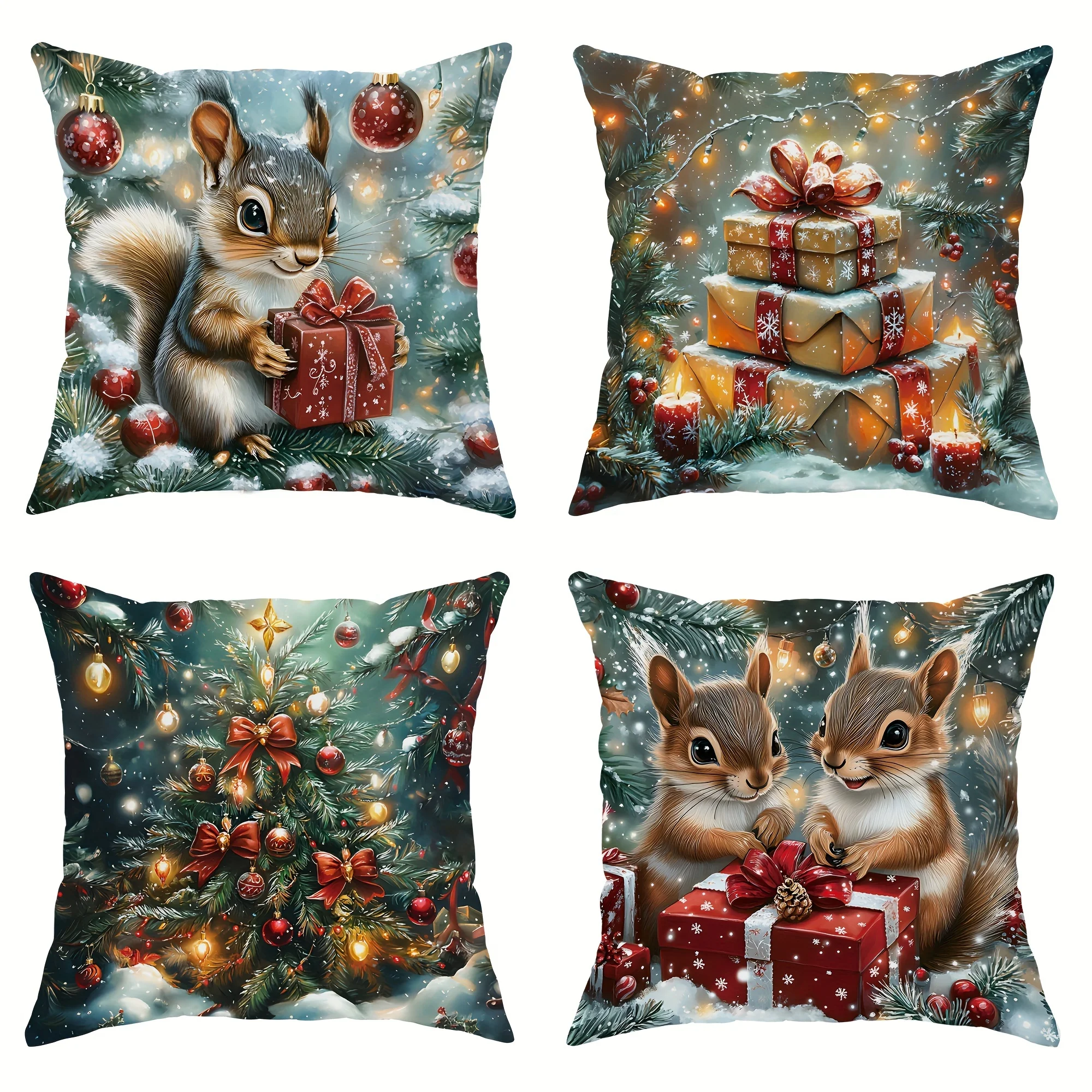 Christmas Tree Squirrel Gift Throw Pillow Covers 4 Pieces, 18in X 18in, One-Sided Printing No Pillow Inserts Included