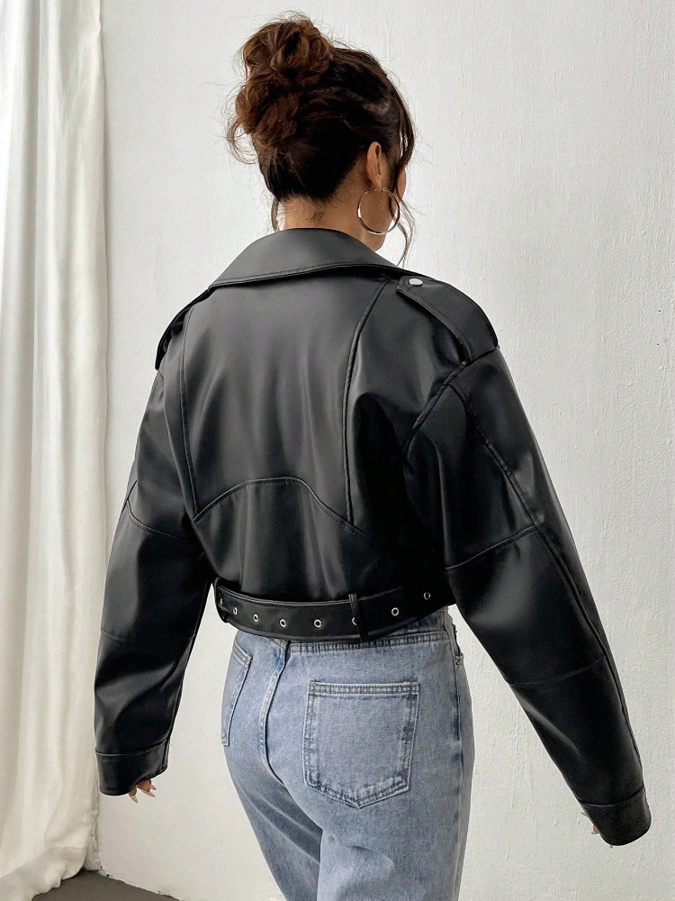 FTLZZ Spring Autumn Female High Street Motorcycle Leather Jacket Casual Women Lapel Zipper Faux PU Leather Jacket