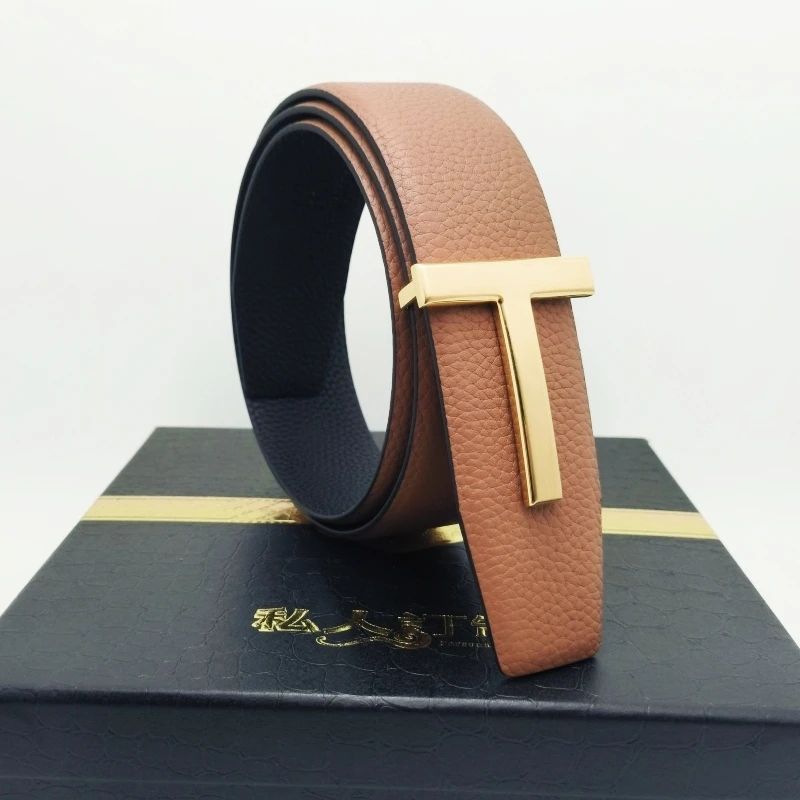 High Quality cintura uomo Luxury Goods Designer Male litchi Leather T-shaped Buckle Belt With Double-sided Use 38MM Tom ceinture