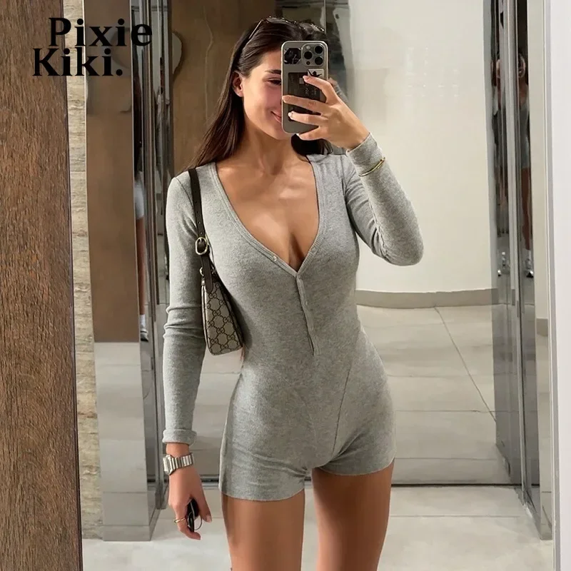 PixieKiki Gray Ribbed Knitted Playsuit Women Button Up V-neck Long Sleeve Romper One Pieces Jumpsuits Cozy Fall Outfits P77-BC19