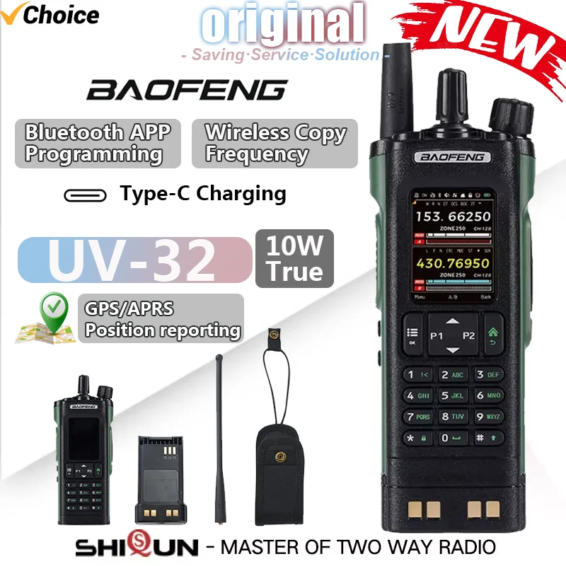 Baofeng UV 32 GPS Walkie Talkie 10W Long Range Portable Radio Bluetooth APP Wireless Copy Frequency Multi Band Type-C Charging