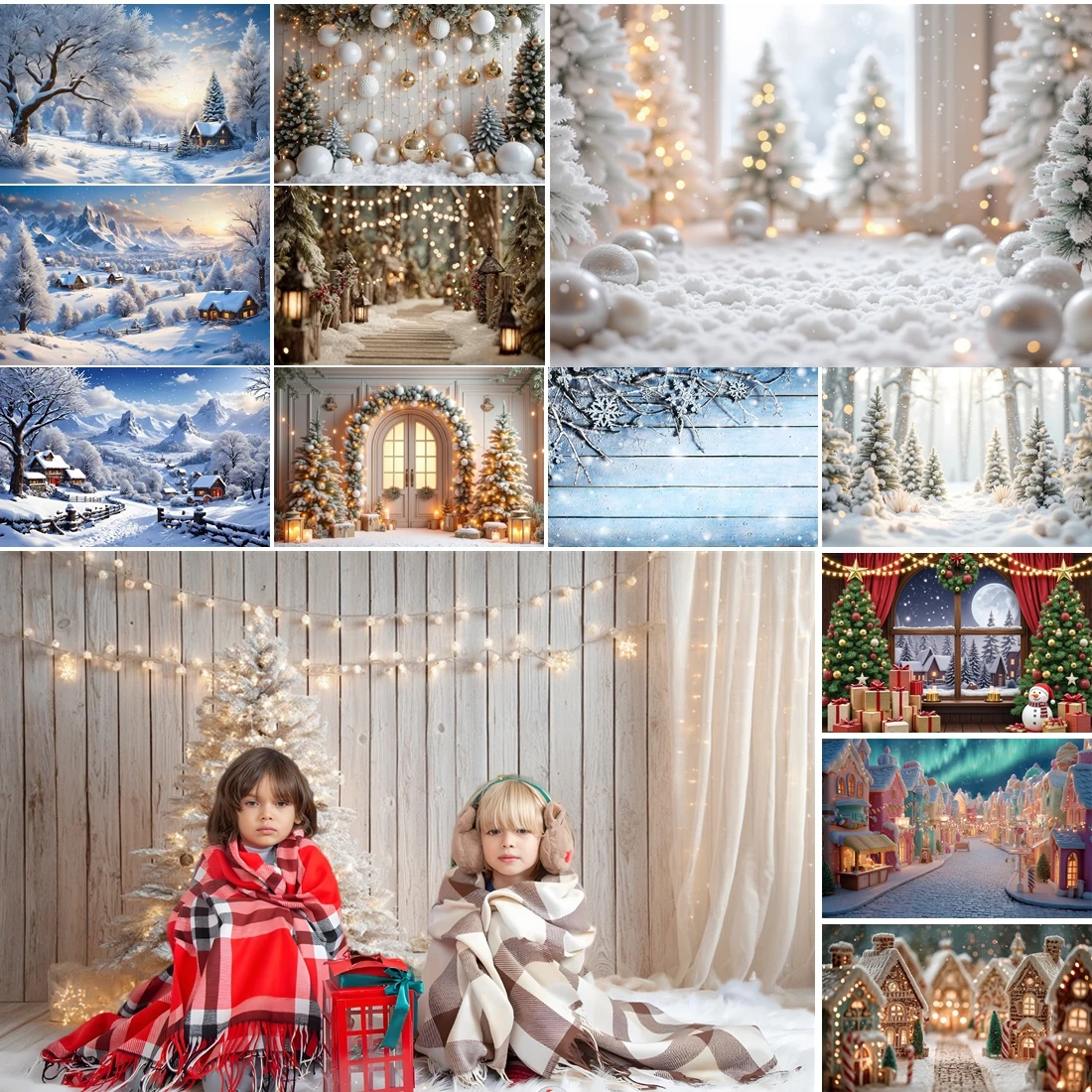 

MOON.QG Christmas Backdrop Decoration Candy Hoouse Winter Town Pine Trees Backgrounds For Photographs Shooting Props Poster Wall
