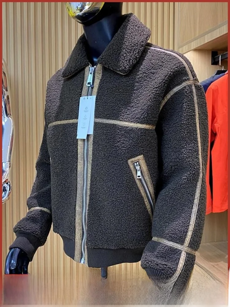 

Свободное меховое кожаное мужское пальто в стиле ретро с теплым воротником, модная зимняя верхняя одежда контрастного цвета, пальто