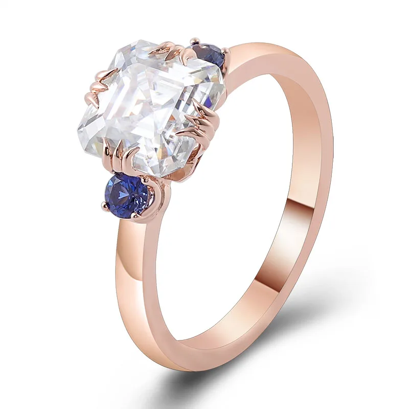 

Provence 14K Rose Gold Three Stone Ring With 6.5*6.5mm Asscher Cut Moissanite Diamond For Women Solitaire Engagement Ring