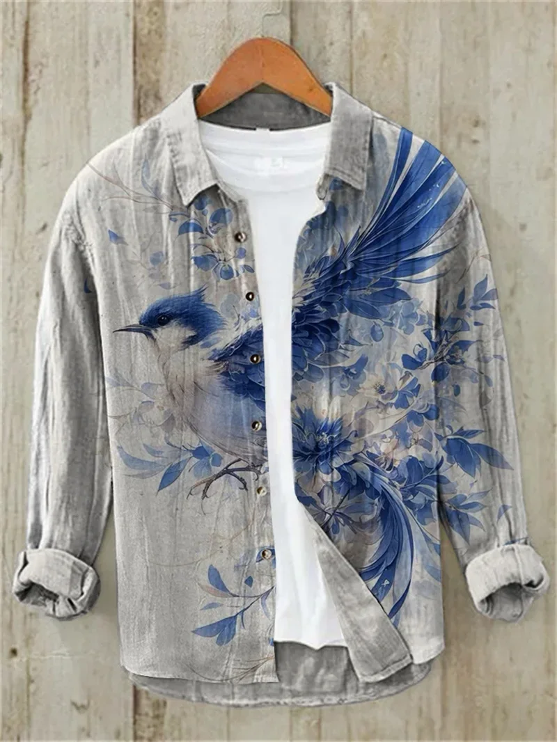 

New Men's Linen Fabric Animals Hawaiian Vintage 3D Fish Print Long Sleeve Shirt Casual Linen Top Loose Breathable Fashion Top