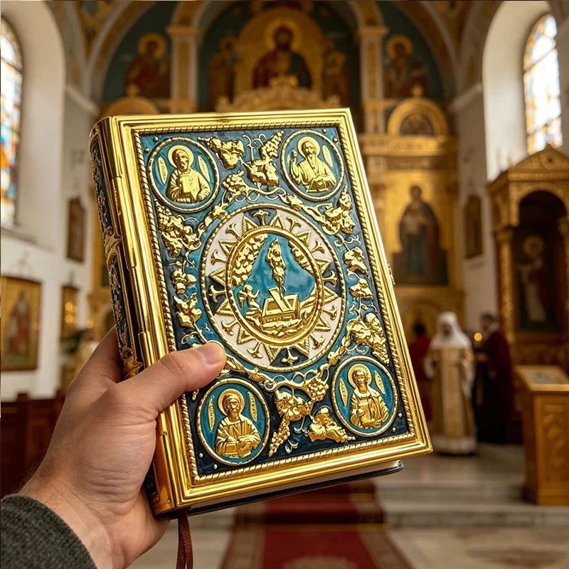 

Gold Plated Enamel Gospel Cover with Apostle Icons, Available in 4 Colors for Orthodox Christian Church Altar Religious Use Gift