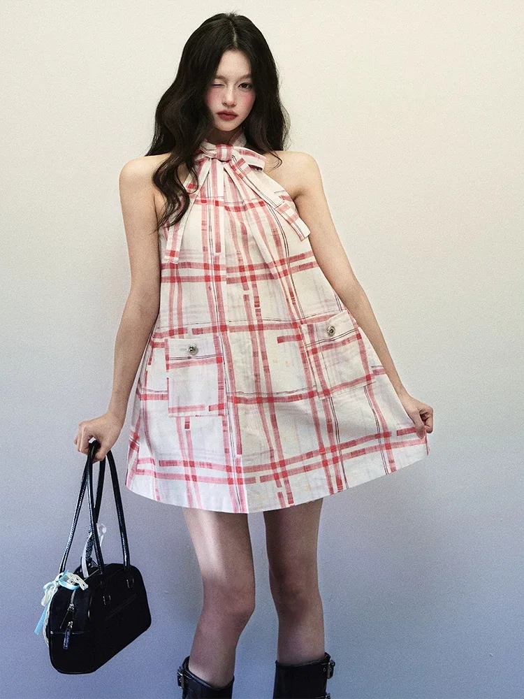 Hand Drawn Red Checkered Hanging Neck Dresses For Women In Spring Bow Tie Loose Shoulder Digging Sleeveless Short Skirt