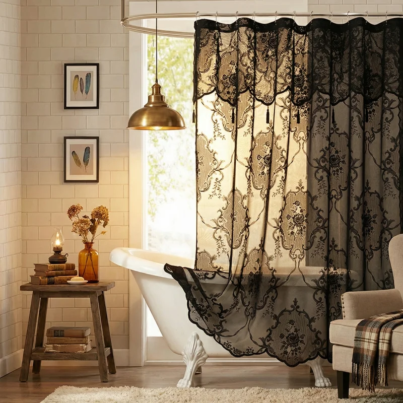 

Waterproof Lace Hollow Out Shower Curtain - Samantha Style Sheer Bathroom Curtain with Hazy Romantic Ambiance