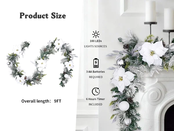 

9ft Battery-Operated LED Christmas Garland with Flowers & Pinecones Indoor/Outdoor