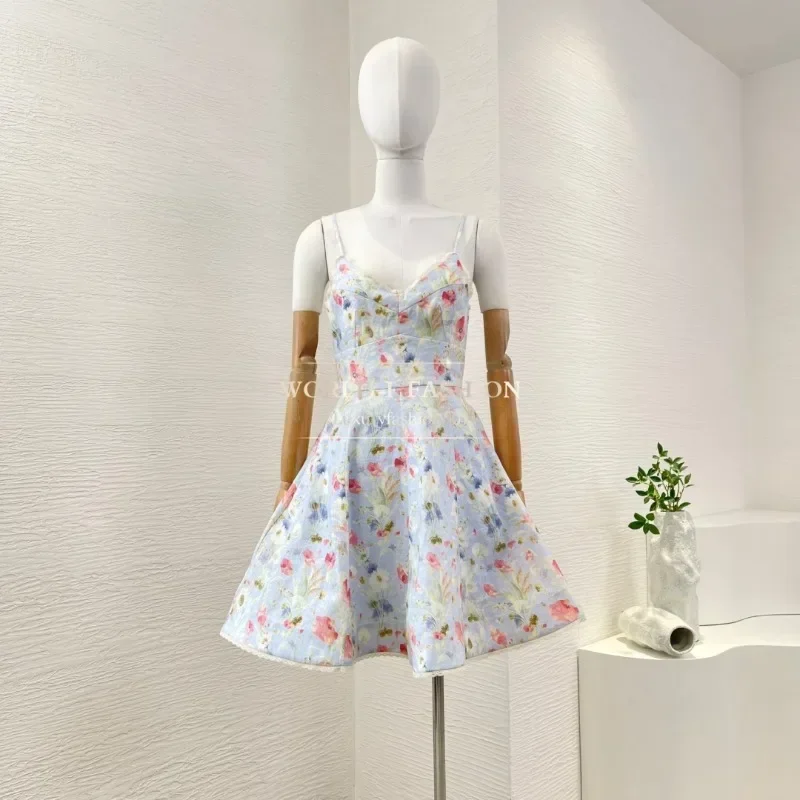 Floral Print Sleeveless Sling Pleat Backless Lace Patchwork Mini Dress 2025 Linen