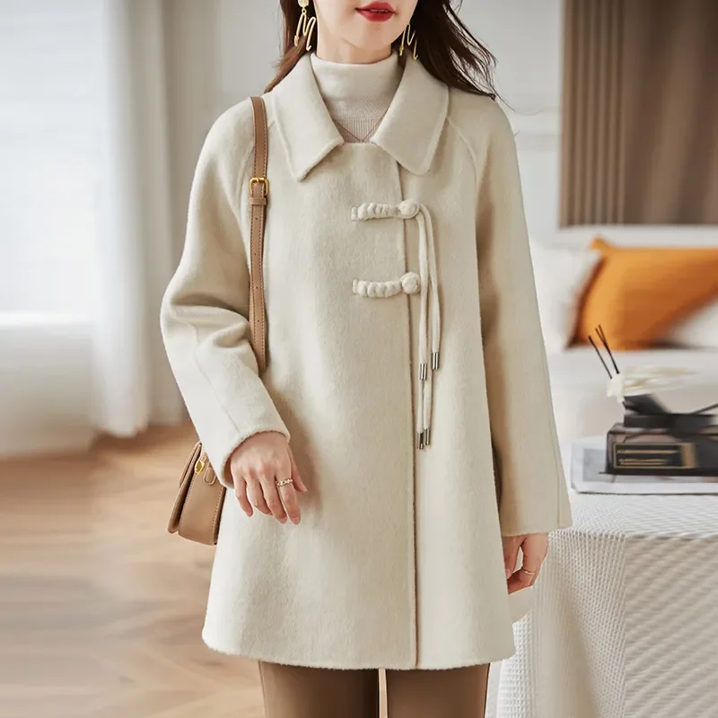 Autumn Winter Mid-Long Woolen Coat Women 2024 New Fashion Loose Casual Overcoat Pure Colour Button Grey Outerwear Female