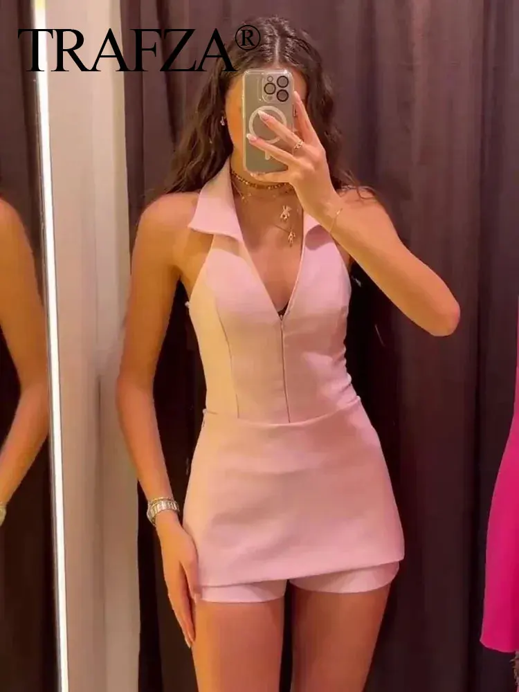 TRAF 2024 Summer Female 2 Piece Pink Set Backless Suspender V-Neck Sleeveless Zipper Cropped Top+High Waist A-Line Mini Shorts