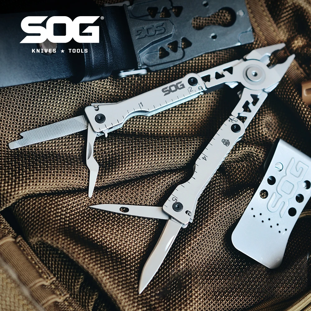 SOG 11 Tools Sync I Compact Multi-tool Belt Buckle Folding Pliers Mini Pocket EDC Tools kit with Knives Outdoor Survival Gadgets