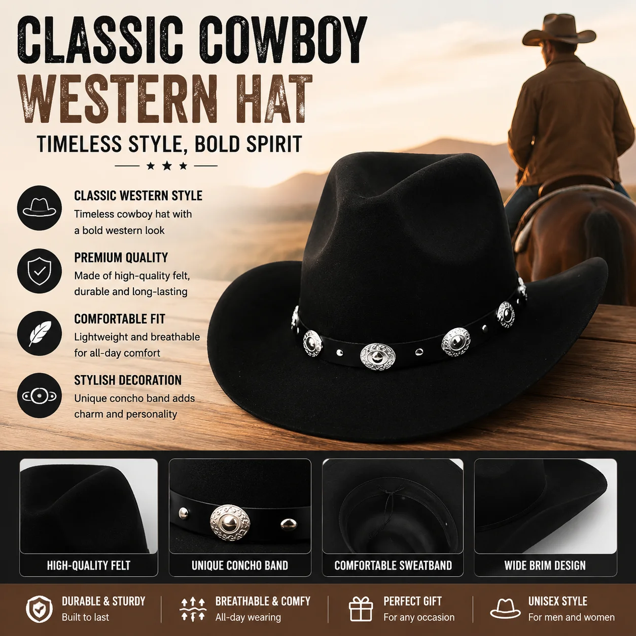 Kapelusz kowbojski unisex w stylu western z metalową ozdobą na zatrzask, kapelusze jazzowe, kapelusz Panama, kapelusz kowbojski, sombrero hombre, vintage, z szerokim rondem