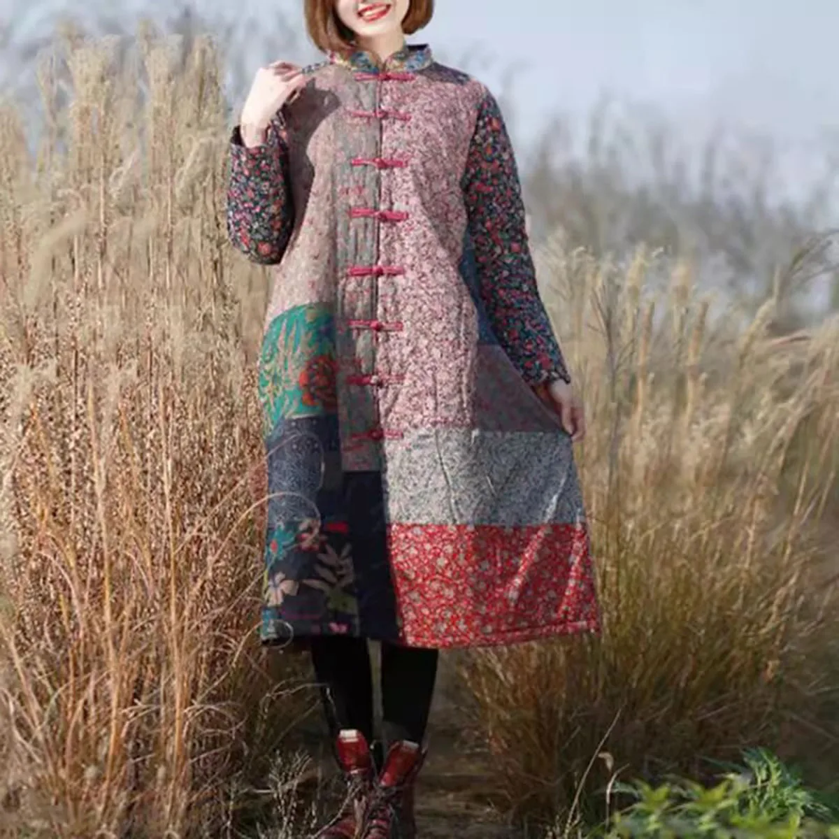 

Women Winter Outwear Knee Length Vintage Loose Quilted Keep Warm Chinese Frog Button Print Patchwork Unique Cotton-Padde Jackets