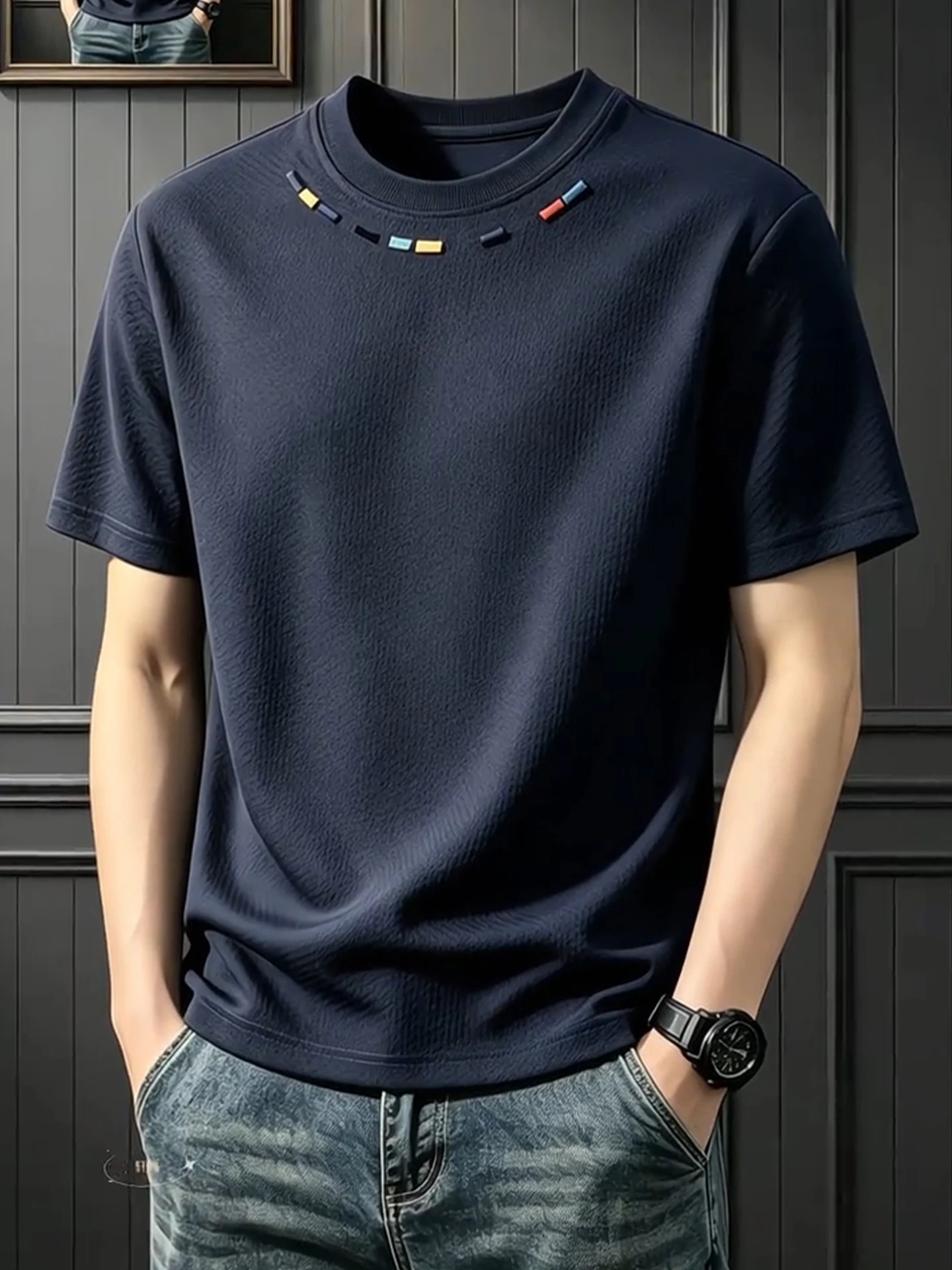 Lightweight Breathable Dragon Scale Embroidery Short Sleeve Men's T-shirt American Style Heavy Duty Summer Sporty Half Sleeve
