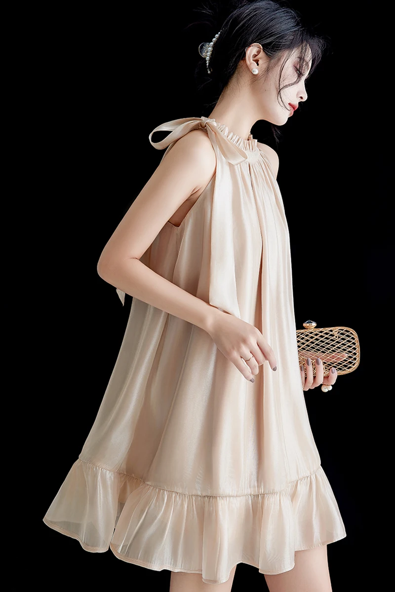 

DAISULE Korean Style Shoulder Bared Sleeveless A-Line Dress Women's Gentle New Hanging Neck Slimming Dress in Beige Color