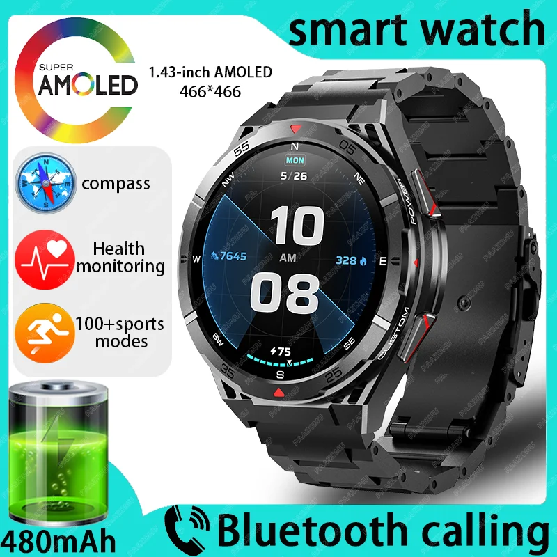 

New men's outdoor GPSsports trajectory smartwatch 1.43-inchAMOLED high-definition screen compass Bluetoothcall health monitoring