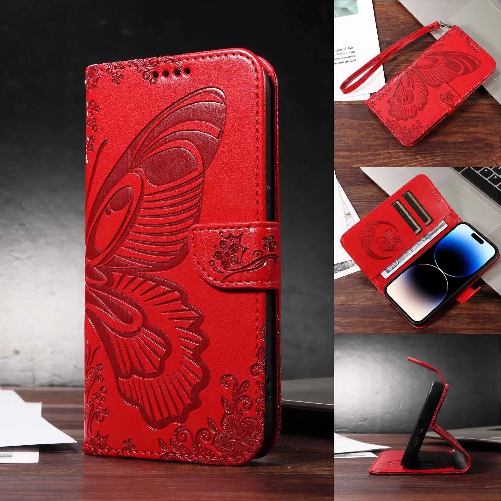 Funda con tapa de mariposa para Samsung Galaxy Wide 6 5 A Quantum 4 Buddy 3 Jean 2 Jump 5G, cordón de cuero de lujo, funda tipo billetera para 2 tarjetas