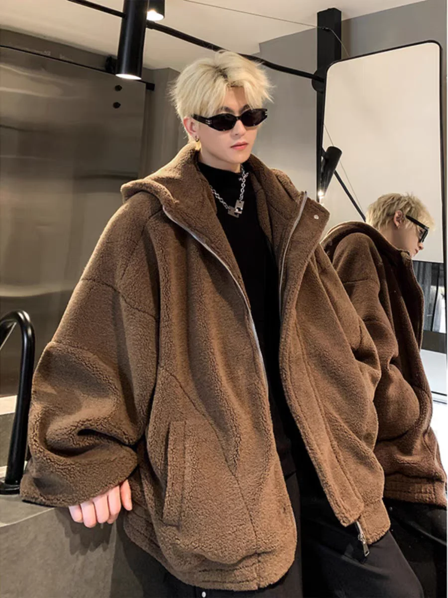 

Утепленная куртка из овечьей шерсти для мужчин: осенне-зимнее хлопковое пальто с капюшоном в стиле ретро, теплое, молодежное, модное, из полиэфирного волокна, с длинными рукавами, на молнии