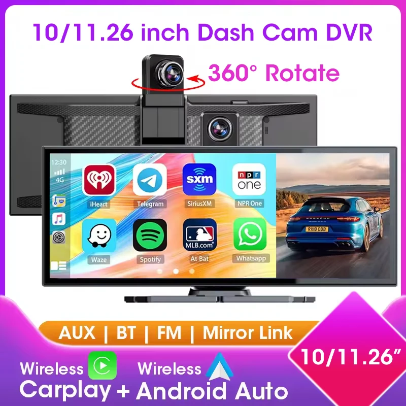 

10/11.26 inch Dash Cam 4K Car DVR 360° Rotate Len 1080P Camera Wireless Carplay&Android Auto Bluetooth Audio Navigation Recorder