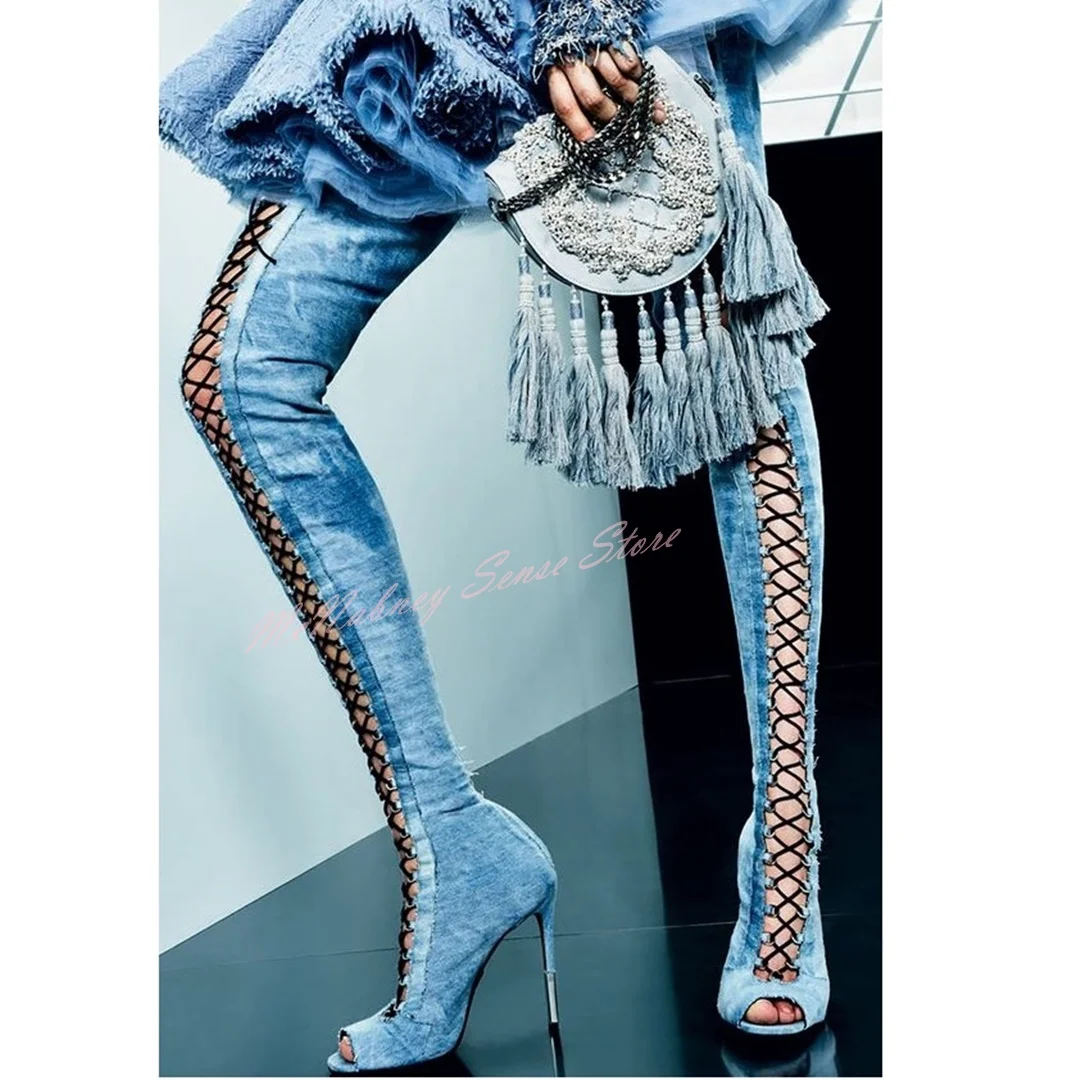 

Cross Tied Peep Toe Boots Lace Up Denim Thin High Heels Thigh High Boots Printed Sexy Designer Women Shoes Winter Autumn Party