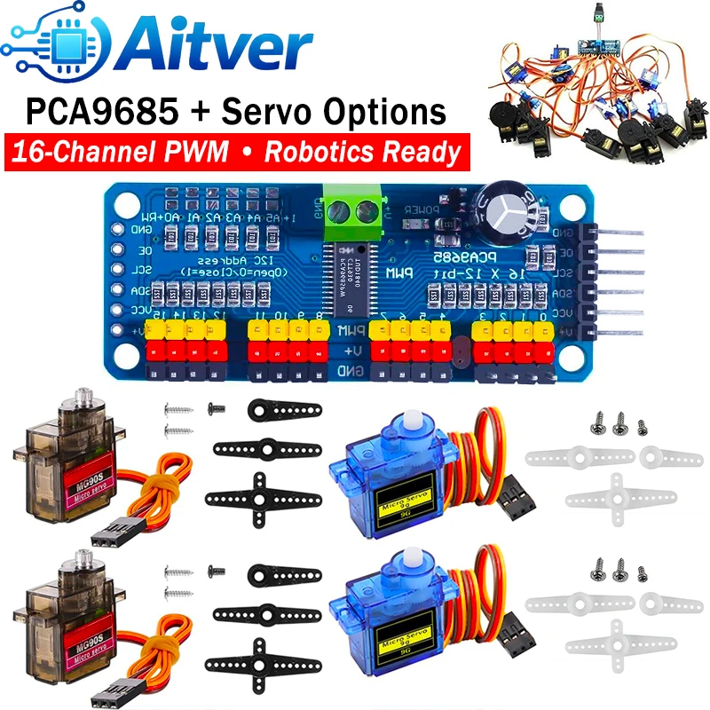 PCA9685 16‑Channel PWM Servo Driver Board / SG90 9g Servo / MG90S Metal Gear Servo 1PCS or 10PCS for Arduino Robot DIY