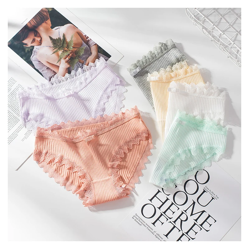 Cotton Panties Woman Sexy Lace Briefs Fashion Solid Color knickers Girls Bow Underpants Set Underwear 3 Pcs/lot