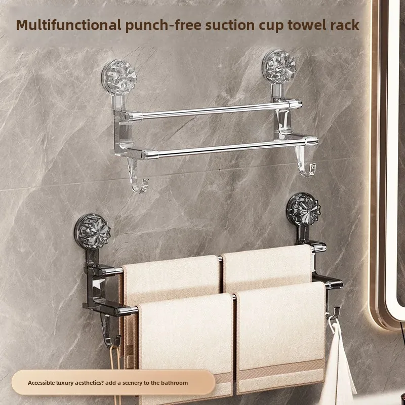 For Ships And Boats Bathroom Wall-Mounted Double-Rod Stainless Steel Towel Rack Strong Vacuum Suction Cup Hook Towel Bar