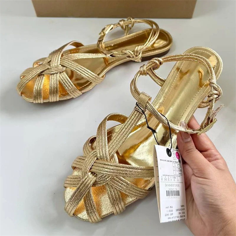 New Summer Golden Narrow Band Buckle Strap Women Sandals Fashion Elegant Flat Heels Party Dress Female Shoes