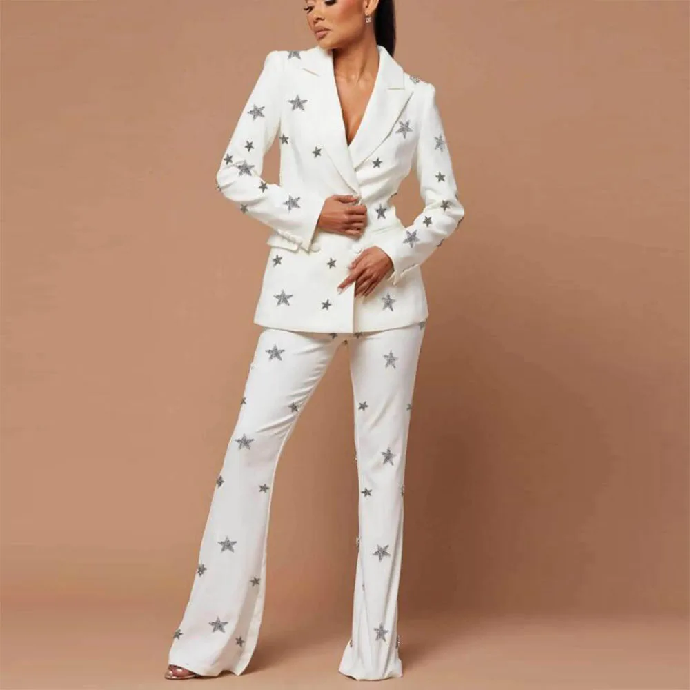 Exquisite Women Pant Suits Crystals Beaded Double Breasted Jacket Trousers 2 Pieces Bride's Mother Dress Bespoke Female Clothing