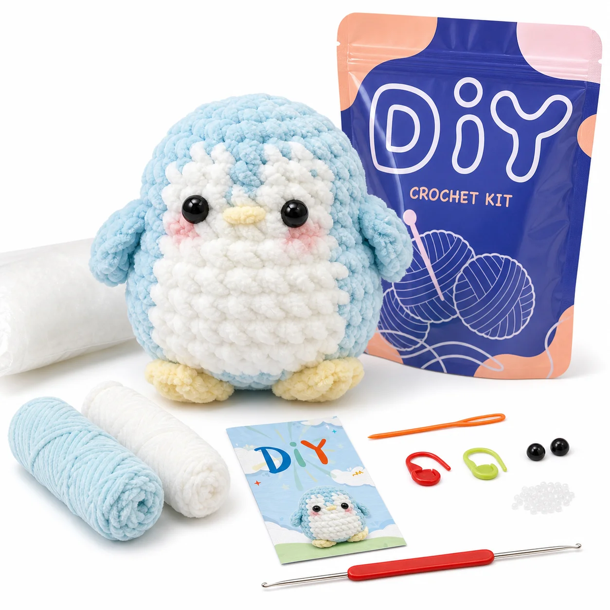Kit de crochet pingouin bleu pour débutants, fil chenille, kit de bricolage avec instructions étape par étape