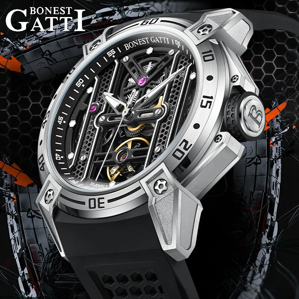 BONEST GATTI Men Automatic Luxury Watches Vintage Mechanical 5Bar Skeleton Sapphire Luminous Rubber Starp German Design - Image 3