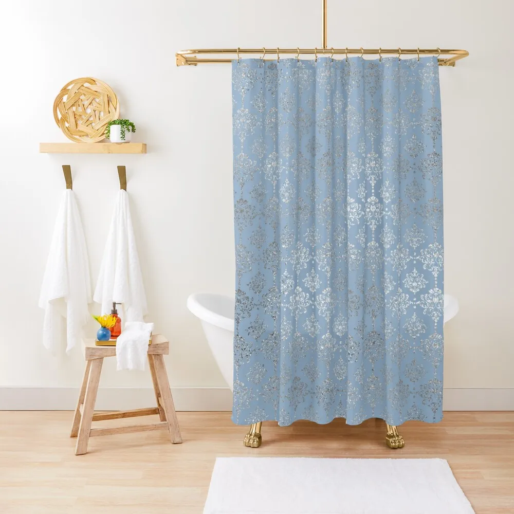 

Pretty Light Blue and Silver Damask Shower Curtain Waterproof Bath And Anti-Mold For Bathrooms Curtain