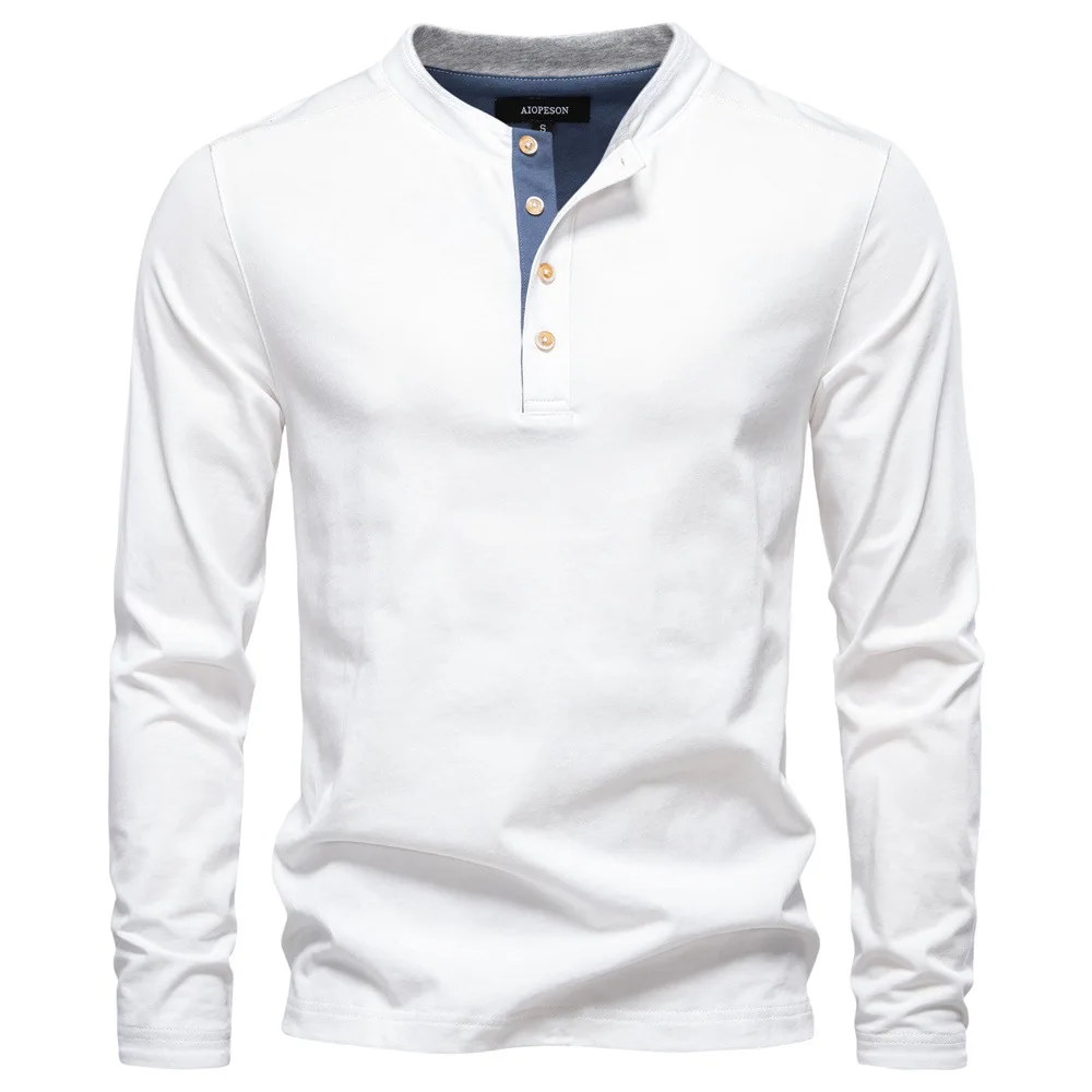 New men's Henry collar multi-color pure cotton long-sleeved T-shirt, a fashionable