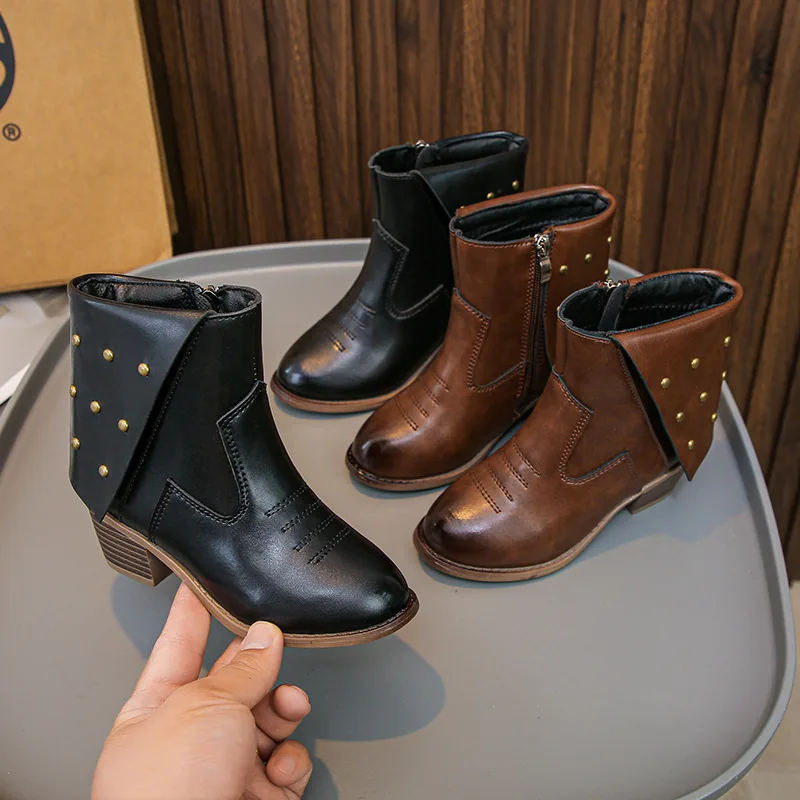 

Children's Fashion Autumn Studded Ankle Boots - Side Zip Chunky Heel Western Style Girls Short Boot Botas Para Niñas Kids Shoes