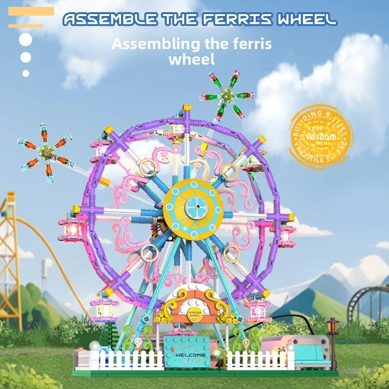 360 Degree Bidirectional Rotation DIY Model Puzzle Assembly Building Block Kit Amusement Park Ferris Wheel Building Block Toy