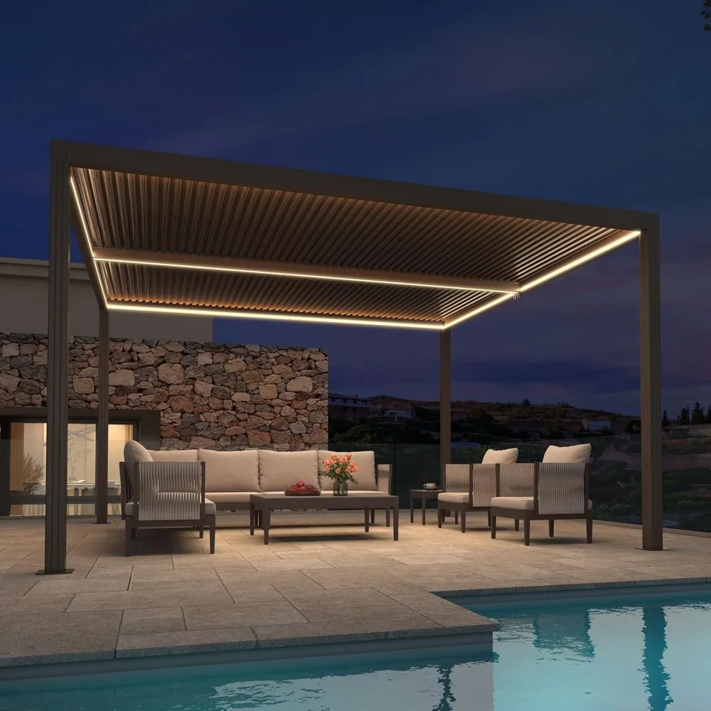 

Outdoor 11'x13' Louvered Pergola with Integrated LED Strip Lights Adjustable Aluminum Canopy Retractable Metal Roof
