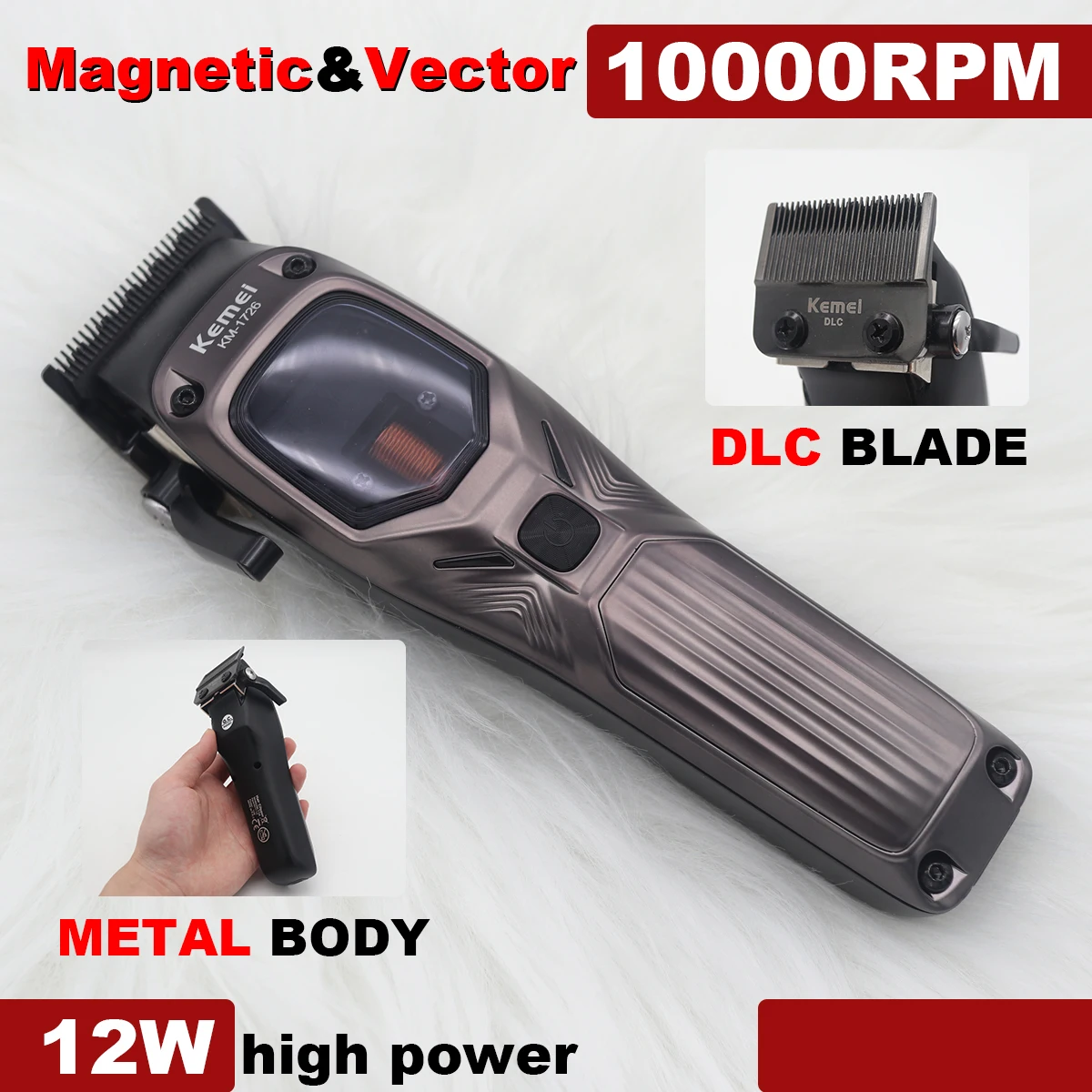 KEMEI KM-1726 Hair Clippers Men Professional with DLC Blade 10000RPM Magnetic Vector Motor Professional Hair Cutting Machine