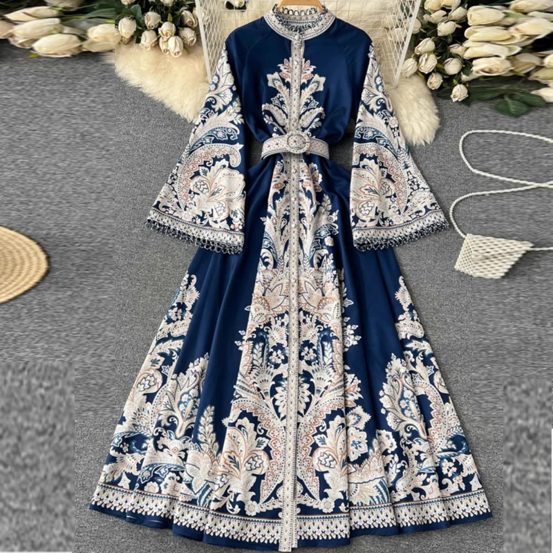 

Vintage Printed Crew Neck Flared Sleeve Belted Pleated Dress