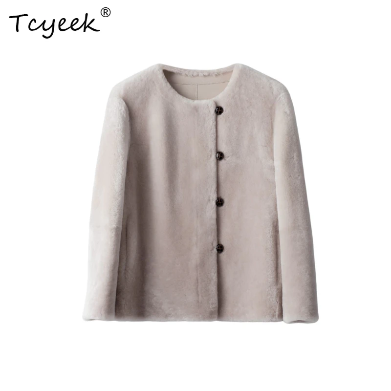 Tcyeek Wool Autumn Winter Round Neck Fur Integrated Solid Color Short Women's Wool Genuine Leather Fur Coat Fourrures Femme