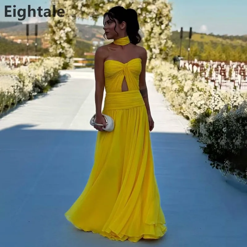 

Eightale 2025 Yellow A Line Chiffon Maxi Evening Dress With Wrap Saudi Arabic Prom Dress Dubai Party Gown Customized