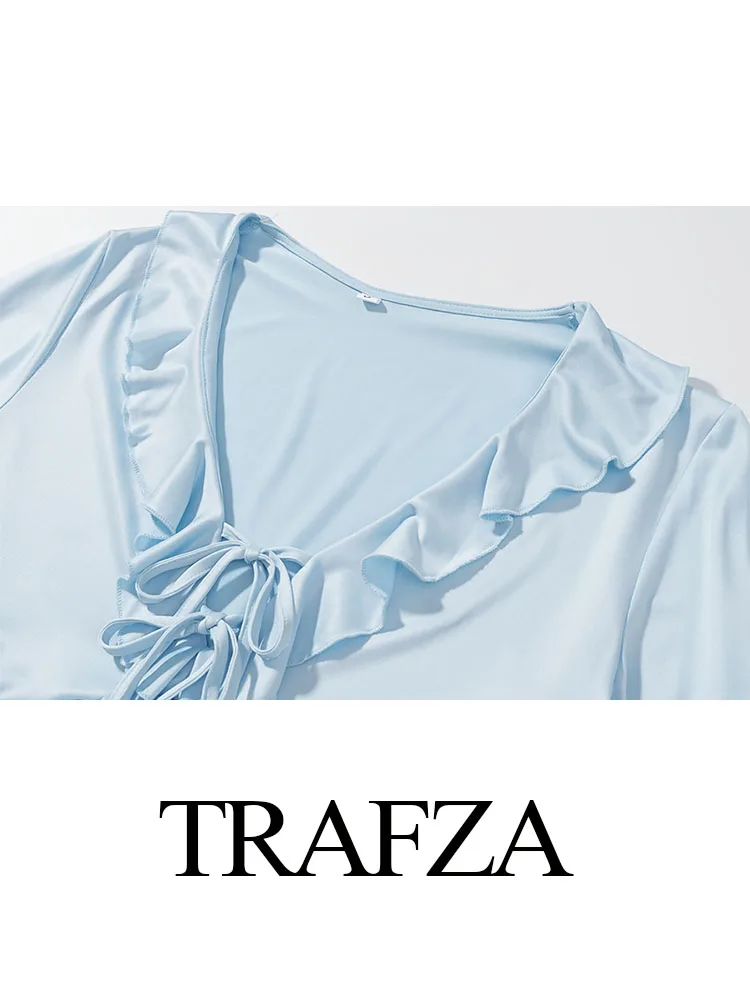 

TRAFZA Women Solid Skirt Sets V-Neck Long Sleeves Bow Lace-Up Decoration Shirts+Elastic Waist Long Skirt Female Casual Suits
