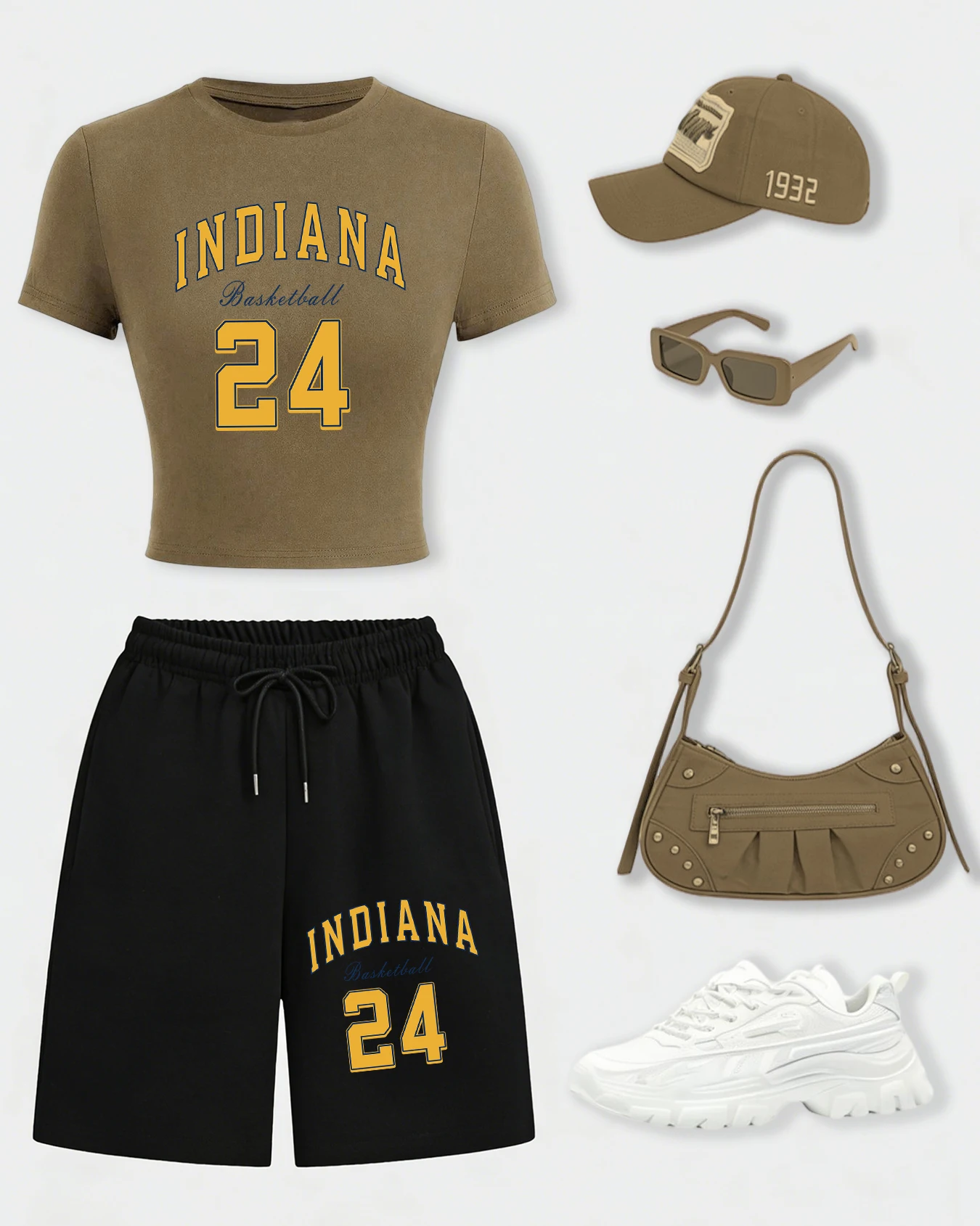 

Комплекты женских футболок Indiana Basketball 24 Design: летние шорты на шнурке, свободная хлопковая укороченная футболка, дышащие широкие брюки для спортзала